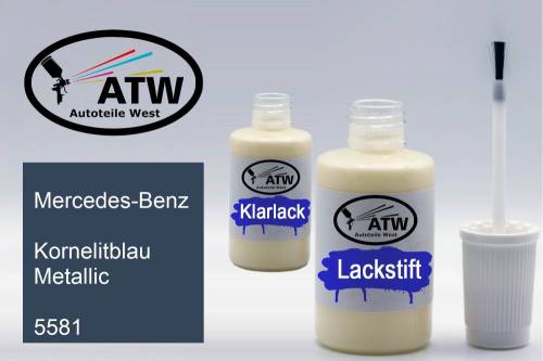 Mercedes-Benz, Kornelitblau Metallic, 5581: 20ml Lackstift + 20ml Klarlack - Set, von ATW Autoteile West.